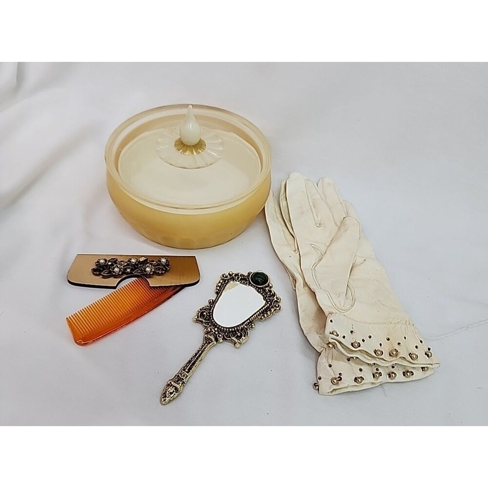 Vintage Ladies Vanity Lot Kid Gloves Mirror Comb Avon Cotillion Powder Box Read